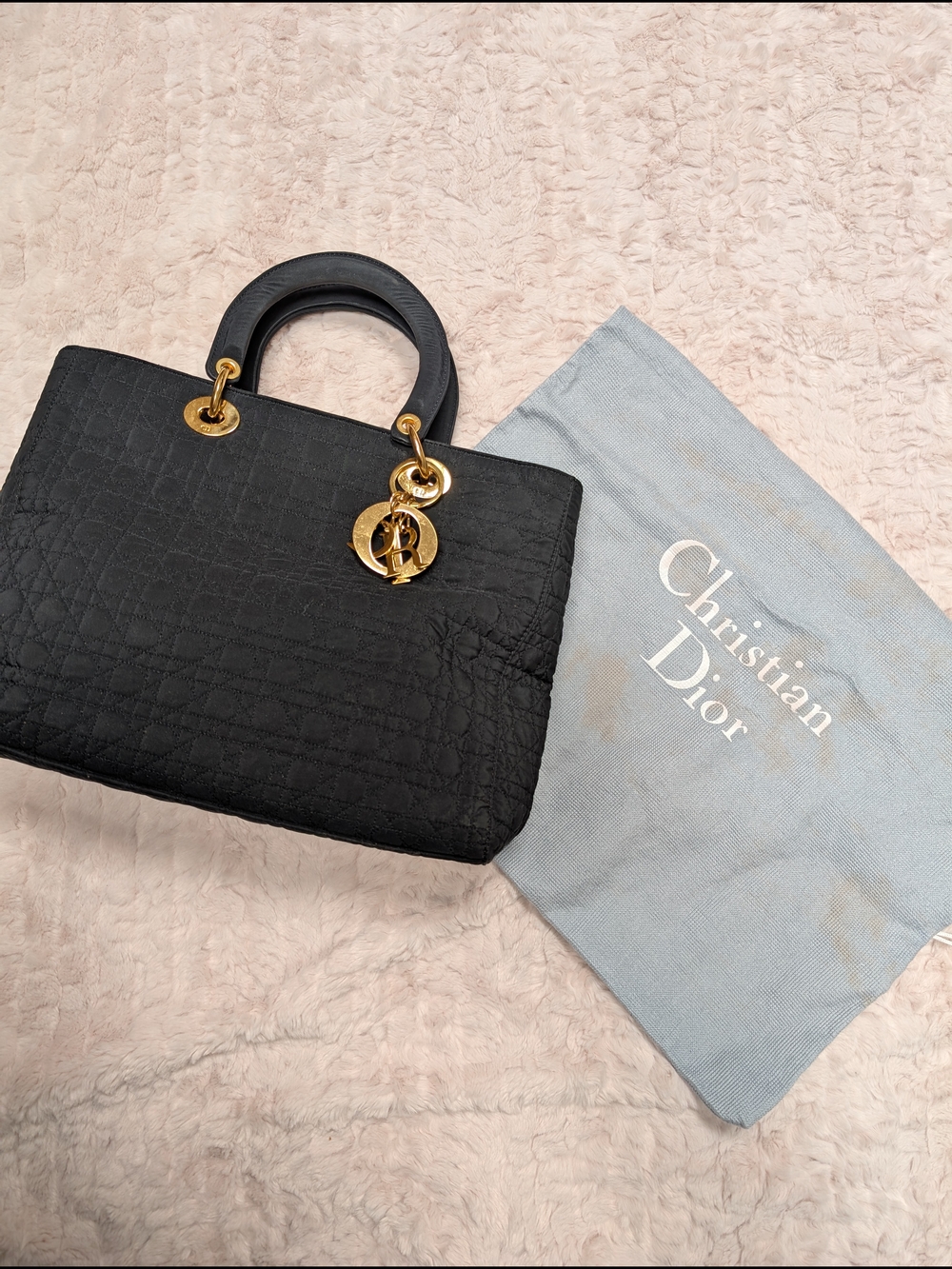 Vintage Dior Black Lady Dior Quilted Tote with Gold Hardware
